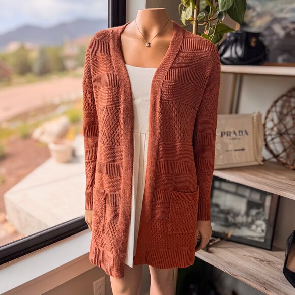J by Joie, Loosely Woven Cardigan Sweater in Burnt Orange Autumn Tone-Size Small - Picture 10 of 11